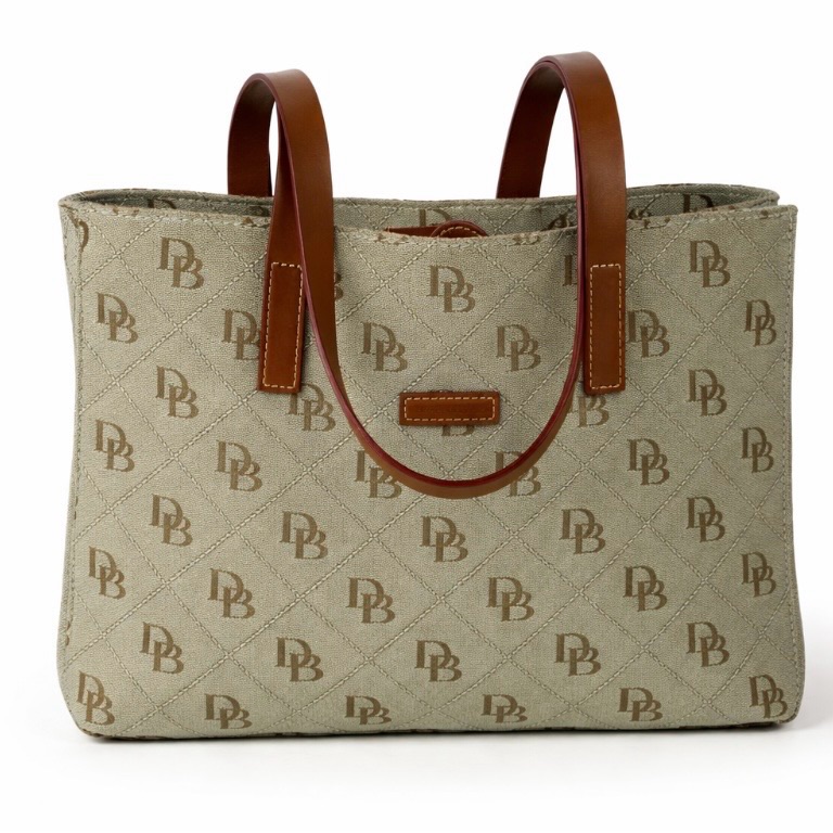 Dooney & Bourke Monogram Tote Bag Light Green. Brown Leather Handle